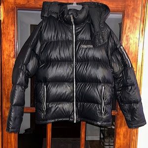 Black Marmot Puffer Coat, Medium.Stitch up due to small tear.HMU for negotiation